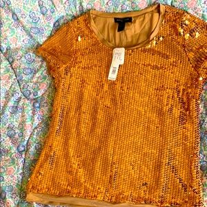 New with tags. August Silk knits brand shiny gold color sequins on Nylon Shell